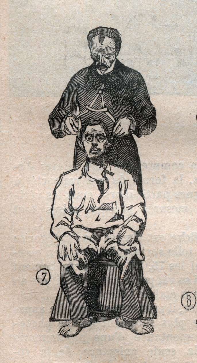 Adli antropometri veya bertillonnage, Alphonse Bertillon (1853-1914) yöntemi: kafatasının enine çapının ölçümü - “” La Science francaise” de Gravür by Unknown artist
