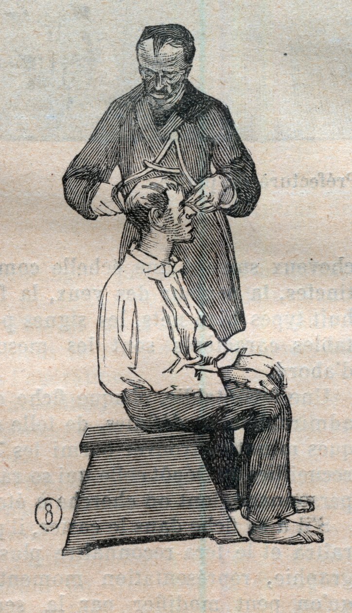 Adli antropometri veya bertillonnage, Alphonse Bertillon (1853-1914) yöntemi: kafatasının enine çapının ölçümü - “” La Science francaise” de Gravür by Unknown artist
