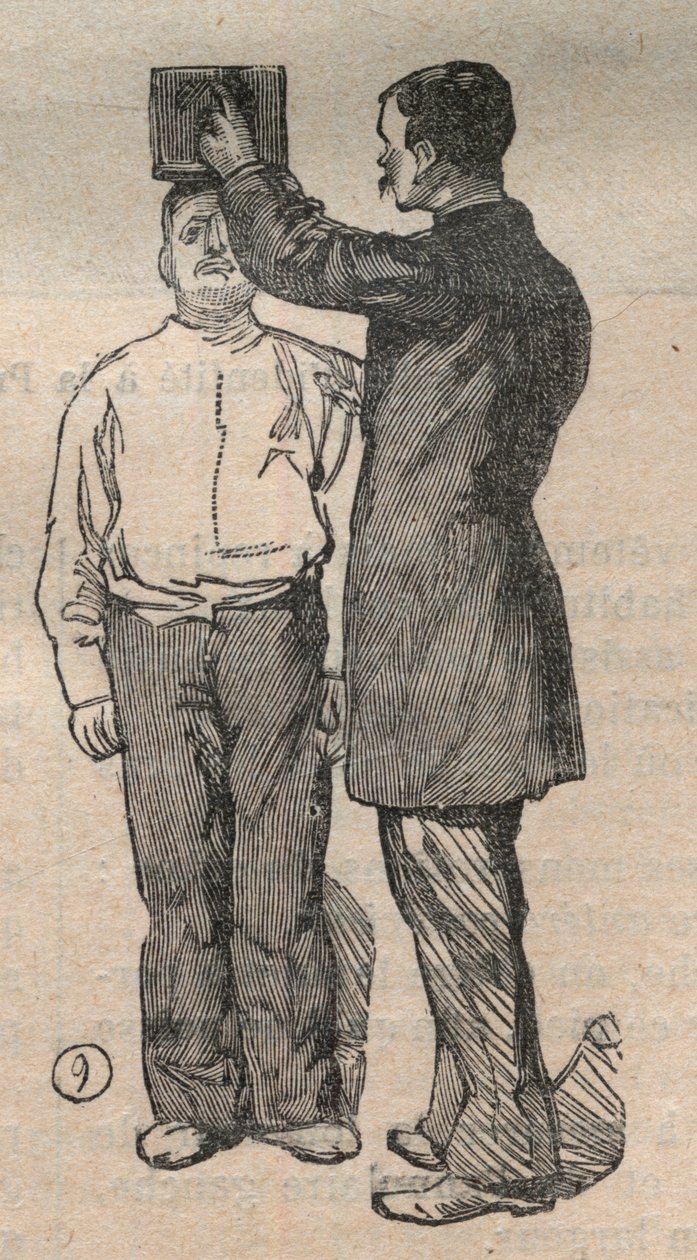 Adli antropometri veya bertillonnage, Alphonse Bertillon (1853-1914) yöntemi: boy ölçümü - “La Science francaise” de Gravür by Unknown artist