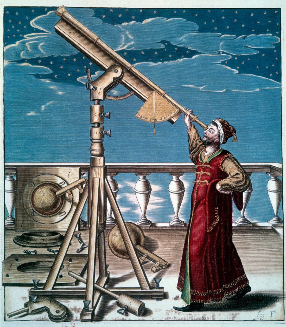 Gökbilimci: Bir adam astronomik çerçevedeki yıldızları izliyor - Gravür du 17. yüzyıl - Paris, B.N. - Gökbilimci: Bir adam teleskopla yıldızları izliyor - Gravür by Unknown artist