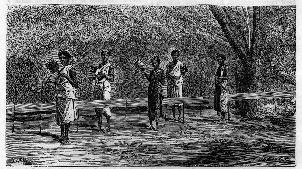 Hint Adalarında Dokuma: çözgü ipliklerinin hazırlanması (çözgü işlemi) 1883 gravürü. “La Nature. Bilimlerin gözden geçirilmesi ve sanat ve endüstriye uygulamaları.” by Unknown artist