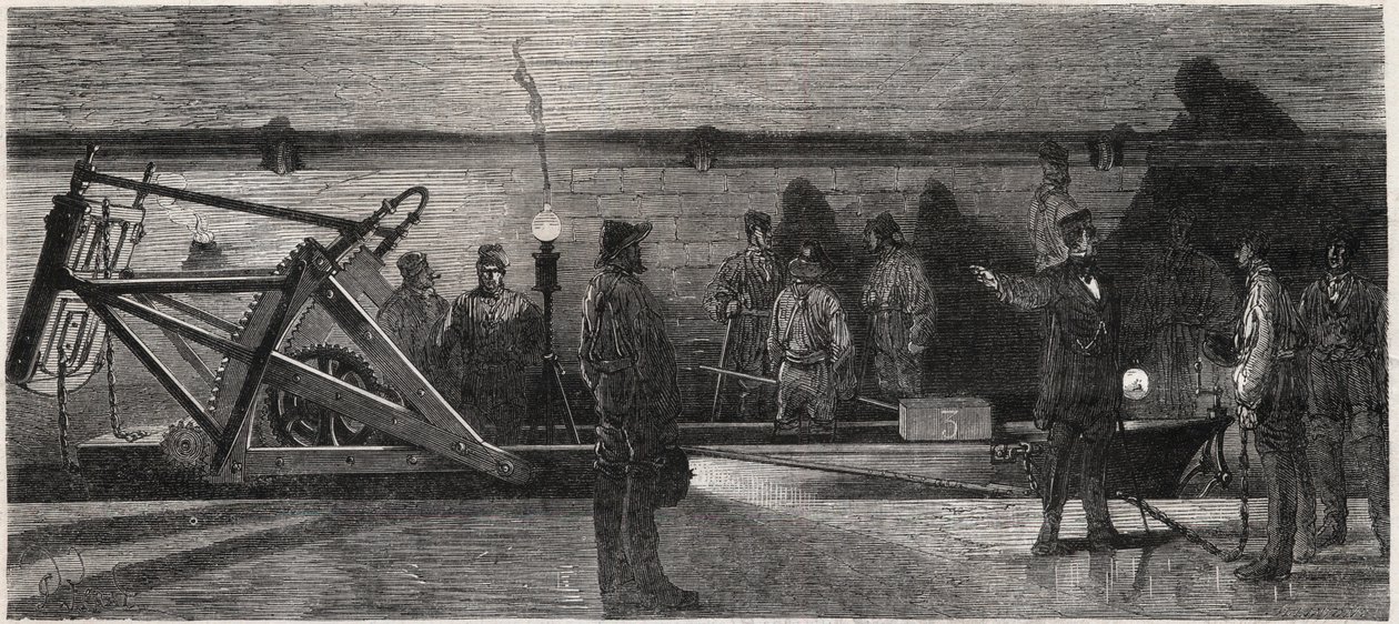 Les egouts de Paris: kollektör kanalizasyonunu temizlemek için kullanılan bir “temizleme teknesi” - “Le Monde Illustré” gravürü” by Unknown artist