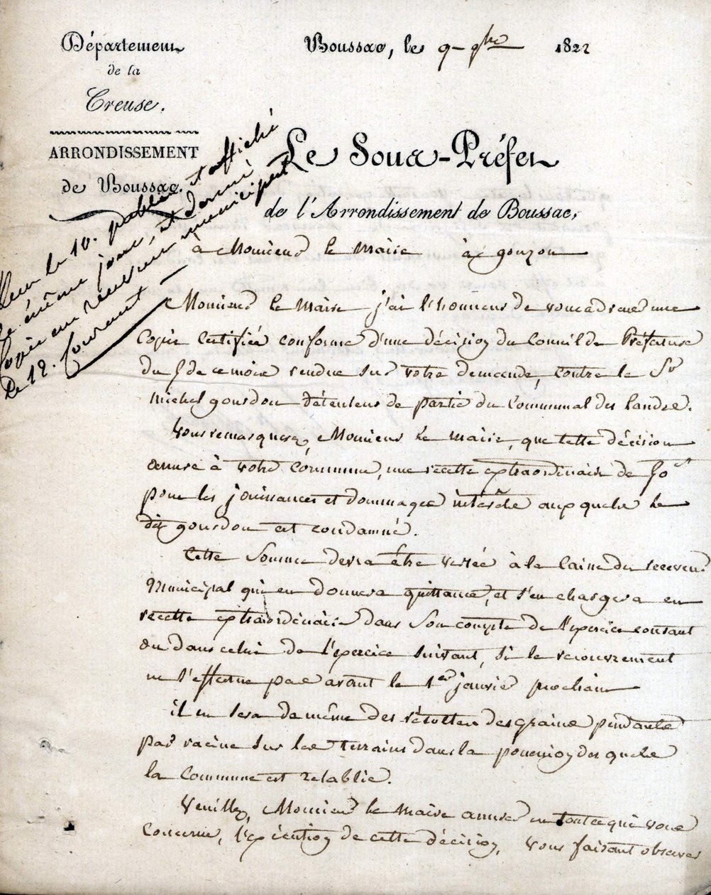 Creuse kaymakamının (Boussac bölgesi) Gouzon belediye başkanına yazdığı mektup, 9 Eylül 1822 by Unknown artist