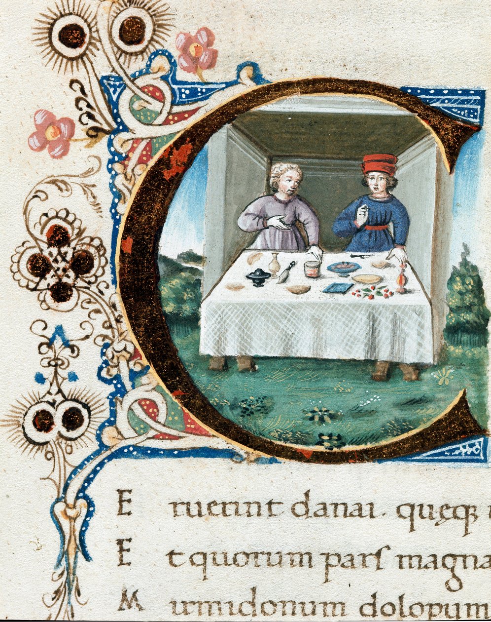 Masada bir çiftin antetli kağıdı C dekoru. Virgil (Publius Vergilius Maro) (Ms.IV E.12) tarafından “” The bucoliques” (Eglogues) adlı eserden alınan minyatür - 15. yüzyıl Napoli, Biblioteca Nazionale by Unknown artist