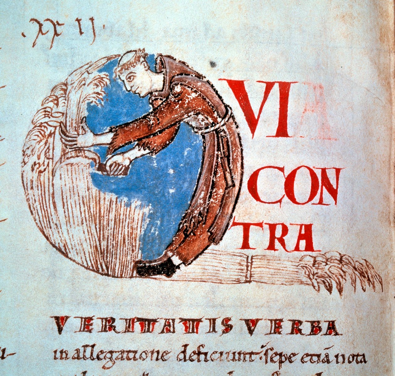 Kutsamaları biçen bir keşişi temsil eden harf "" Q". Gregoire tarafından “Moralia in Job”dan alınan minyatür Büyük ya da Diyalog dedim (532-604) by Unknown artist