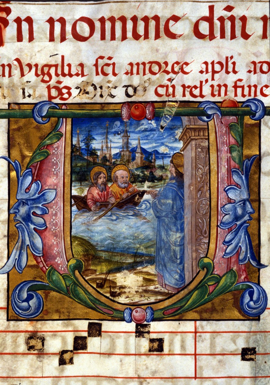 15. yüzyıl korosunun Letrrine. Mesih'in dirilişinden sonra Tiberias Gölü'nde inanılmaz özür dilemek için ortaya çıkışı. Biblioteca nazionale Braidense, Milano. by Unknown artist