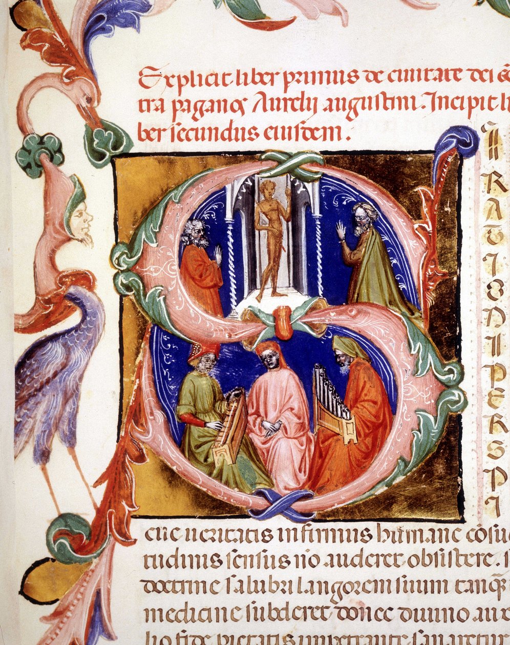 İki müzisyenin ve bir şarkıcının altında putlarına tapan putperestleri tasvir eden minyatürlü “” s harfi harfi - 15. yüzyılın başlarında Saint Augustine tarafından “” De civitate dei”. Belediye Bibl. Rimini