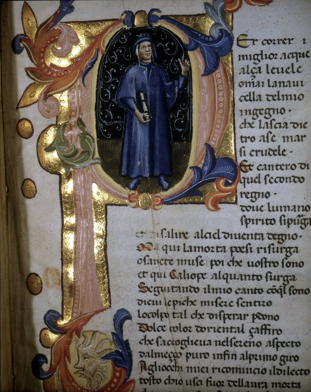 "İlahi Komedya" nın bir el yazmasından "" p" harfi. “” Araf” ın incipiti. Dante Alighieri'yi tasvir eden aydınlatma. 14. yüzyıl. Braidense. by Unknown artist
