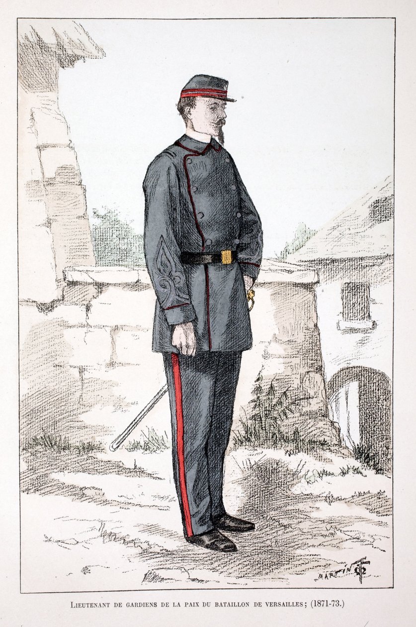 Versailles Taburu Barış Muhafızları Teğmen (1871-1873). Seine Polisi Louis Lepine (1846-1933) himayesinde yayınlanan “Barış Muhafızları Kolordu Tarihi” kitabı için renkli gravür, A. by Unknown artist