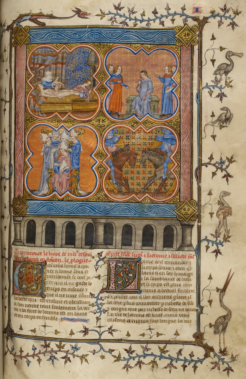Julius Caesar'ın Hayatı: doğumunu, boşanmasını, vasiyetini ve Pompey ile kavgasını gösteren dört minyatür; süslü baş harfleri olan metin ve kuşlar ve grotesklerle sınır. by Unknown artist