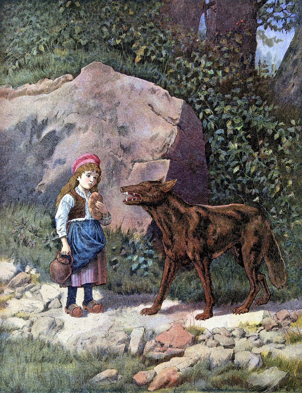 Kırmızı Başlıklı Kızın Ormanda Kurtla Karşılaşması - “” Les Tales de Perrault”da by Unknown artist