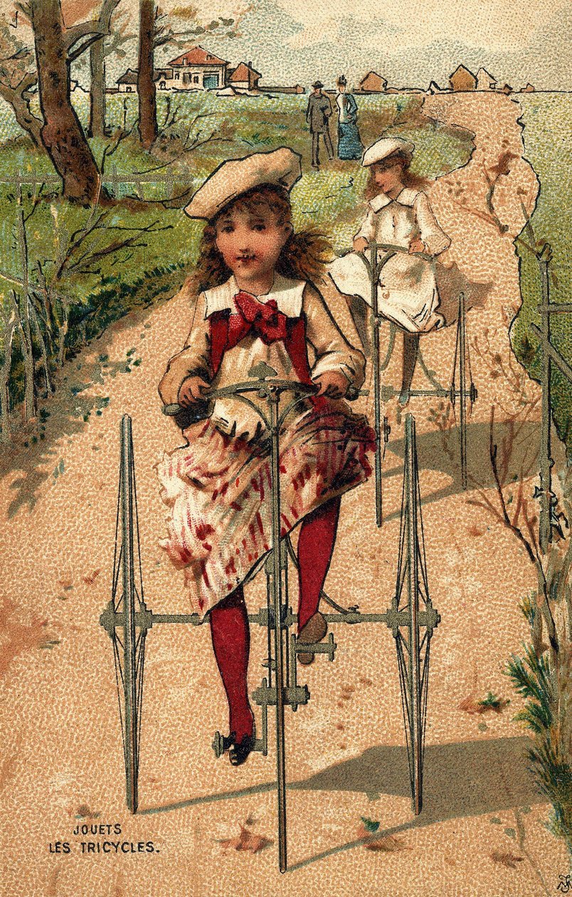 Küçük kızlar üç tekerlekli bisiklet yapıyor. 1890 civarında kromolitografi. by Unknown artist