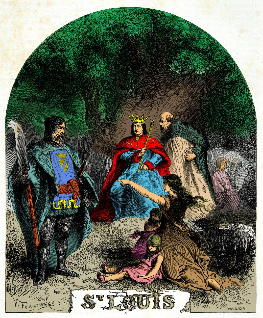 Louis IX (Saint Louis 1214-1270), bir meşe ağacının altında adaleti sağlıyor, 19. yüzyıla ait oyma by Unknown artist