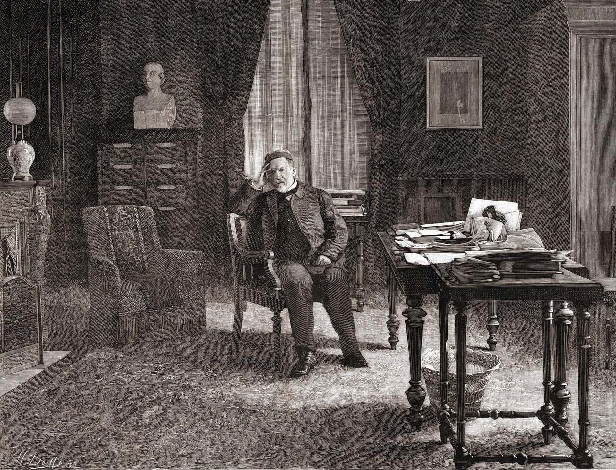 Louis Pasteur enstitüdeki ofisinde. 19. yüzyıl gravürü. by Unknown artist