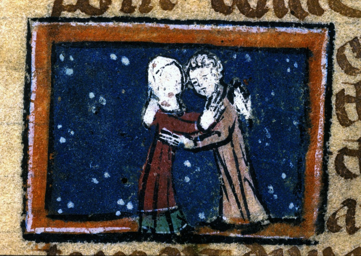 13. yüzyıldan kalma bir Fransız el yazmasından aşk sahnesi. by Unknown artist