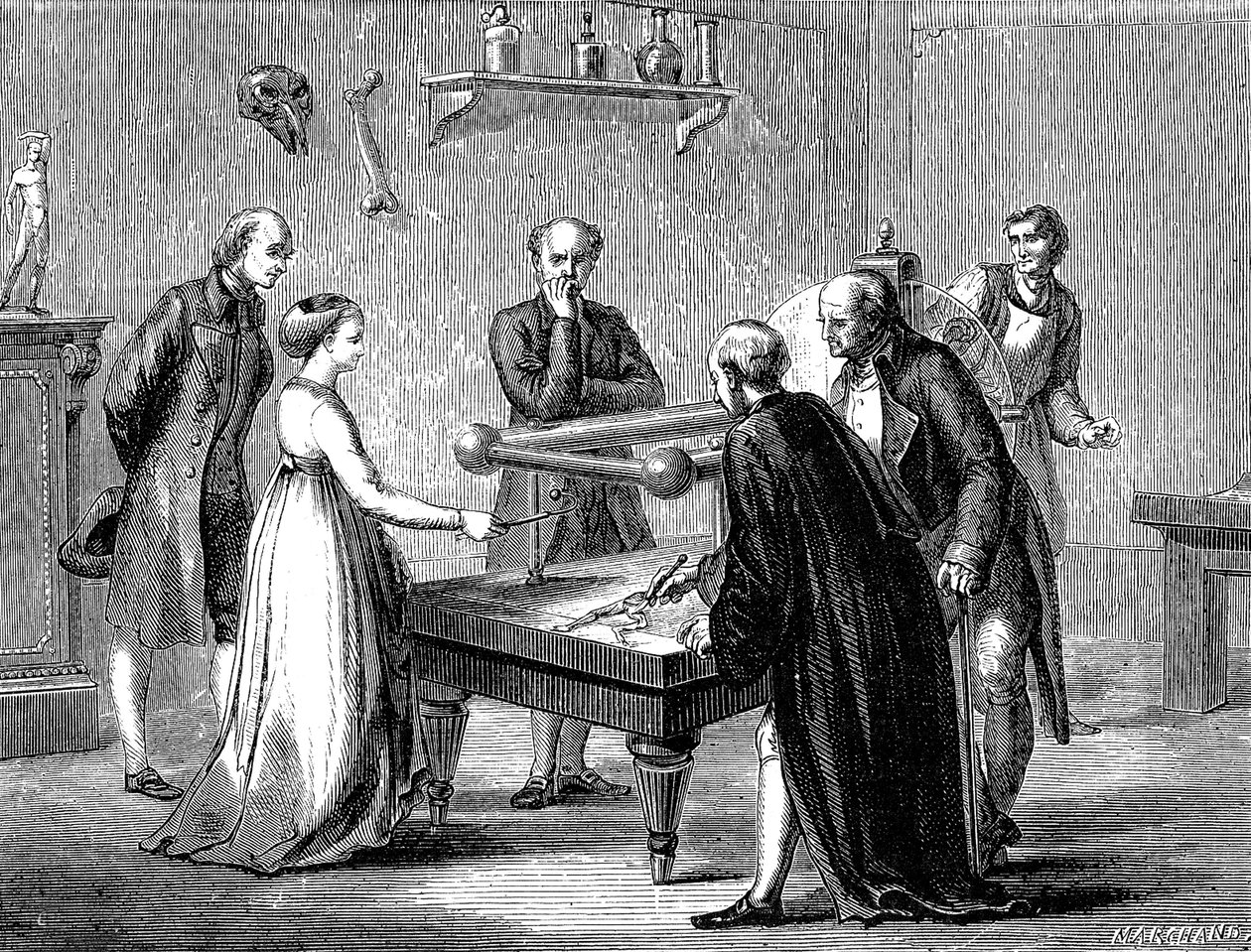 Luigi Galvani 1780'de kurbağa kasının elektrikten dolayı sinirlendiğini keşfetti. by Unknown artist