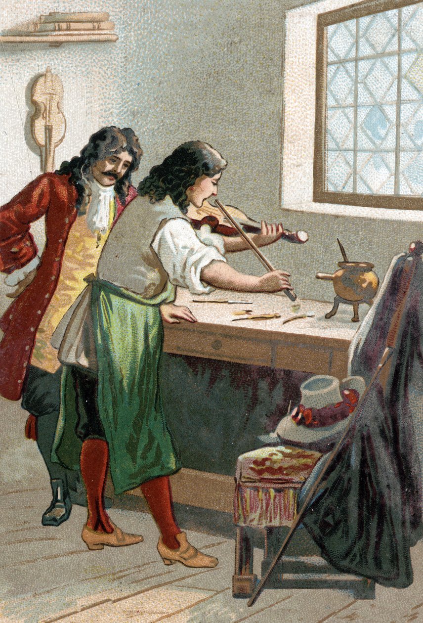 Luthier Stradivarius (Antonio Stradivari) (1644-1737) atölyesinde. 19. yüzyılın kromolitografisi by Unknown artist