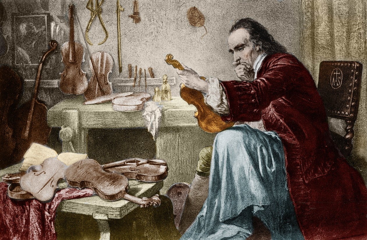 Luthier Stradivarius (Antonio Stradivari) (1644-1737) atölyesinde. Hammann.Keman Tasarımcısı Antonio Stradivari (Strdivarius) tarafından iş yerinde gravür. by Unknown artist