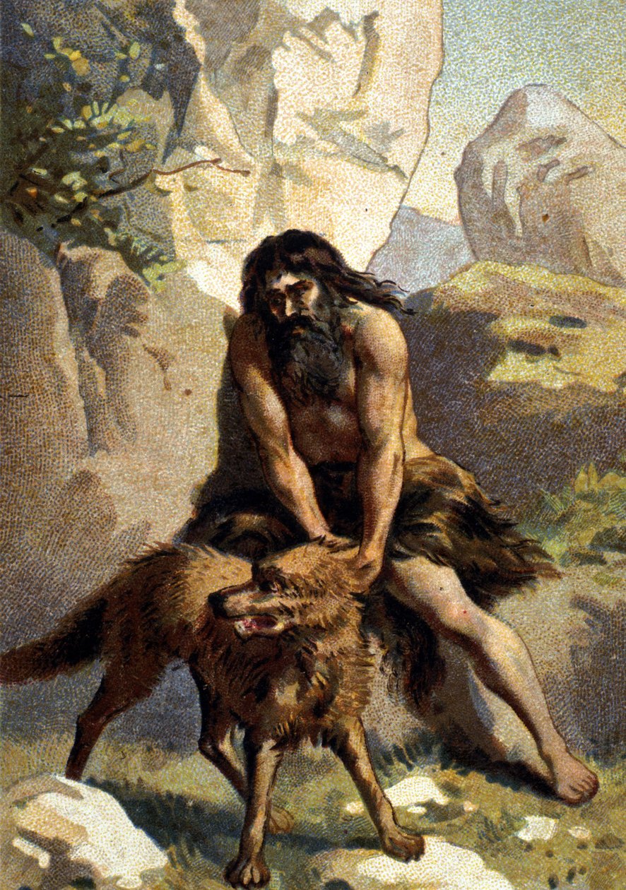 Lycanthropy: Kurda dönüştüğünü sanan kişinin delirmesi. 19. yüzyılın kromosu by Unknown artist