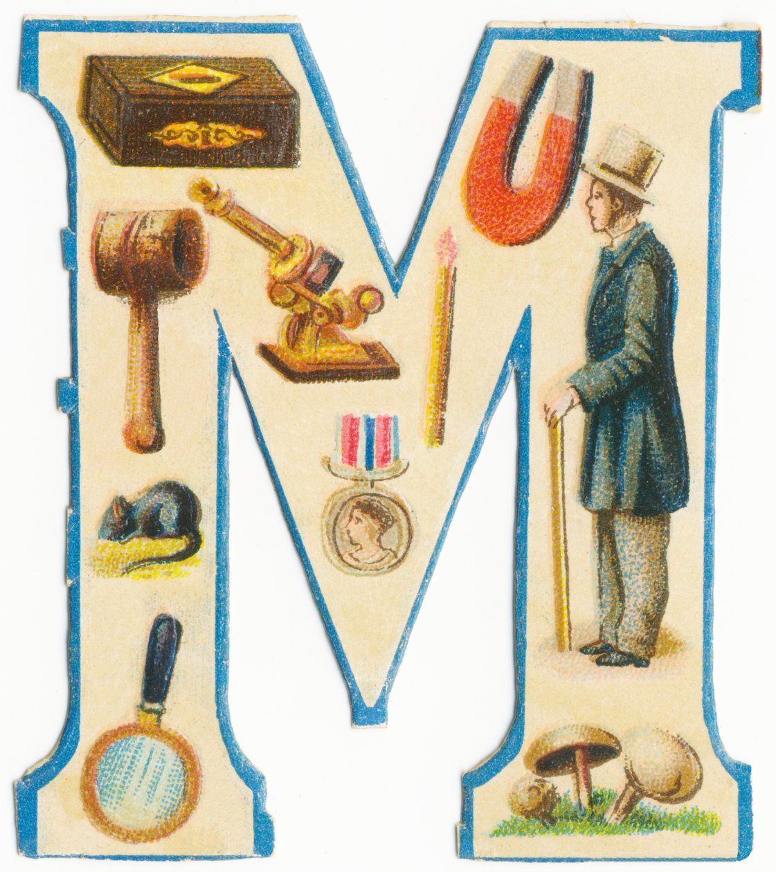M: kibrit, mıknatıs, tokmak, mikroskop, fare, madalya, adam, büyüteç, mantarlar (renkli taş) by Unknown artist
