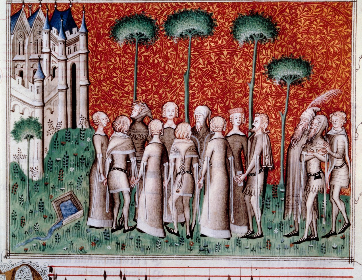 Machaut hanımını buluyor. Guillaume de Machaut (v. 1300-1377), 1350-1355 dolaylarında “Remede de Fortune” (Folio 51) bölümündeki bir nottan minyatür. by Unknown artist