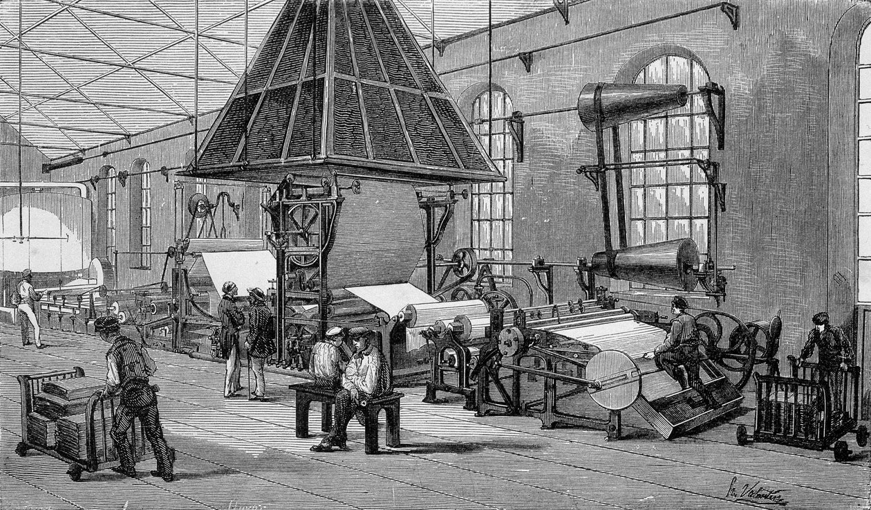 Sürekli kağıt yapmak için makine. 19. yüzyıl gravürü. by Unknown artist