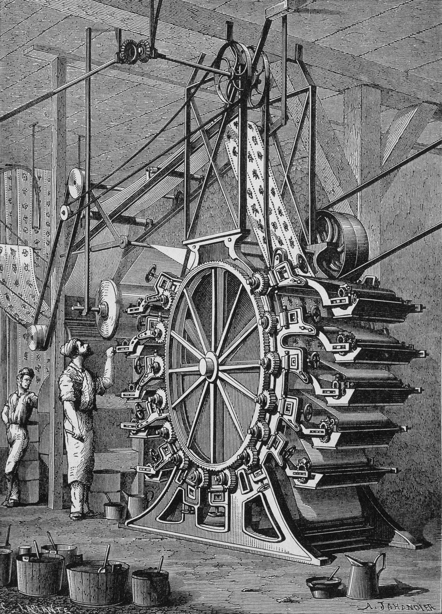 10 renkte duvar kağıtları basmak için makine, 19. yüzyıla gravür. by Unknown artist