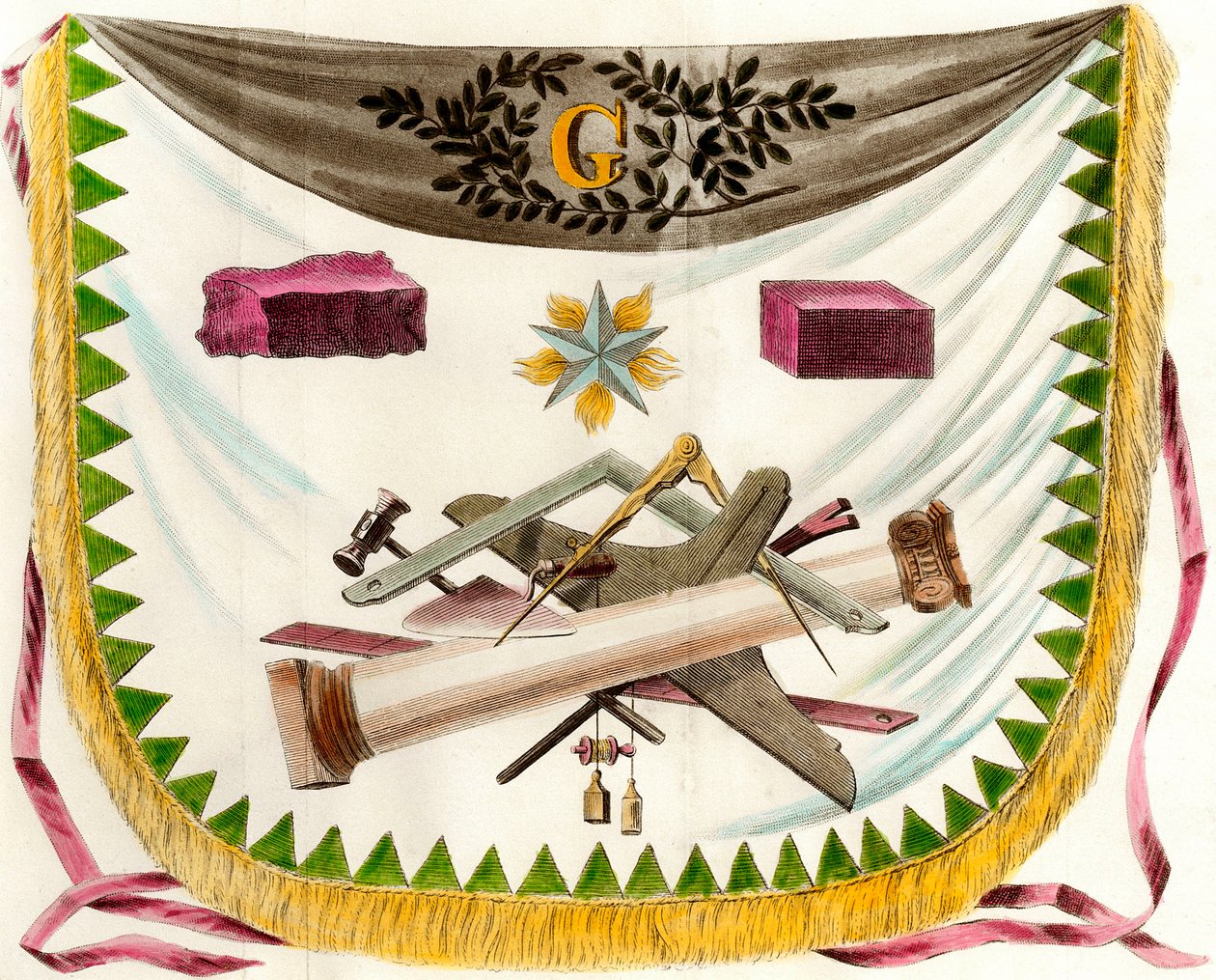 Freesunry sembollerini süsleyen bir önlüğü betimleyen Macon frangı önlüğü. 19. yüzyıl özel koleksiyonunun gravürü by Unknown artist