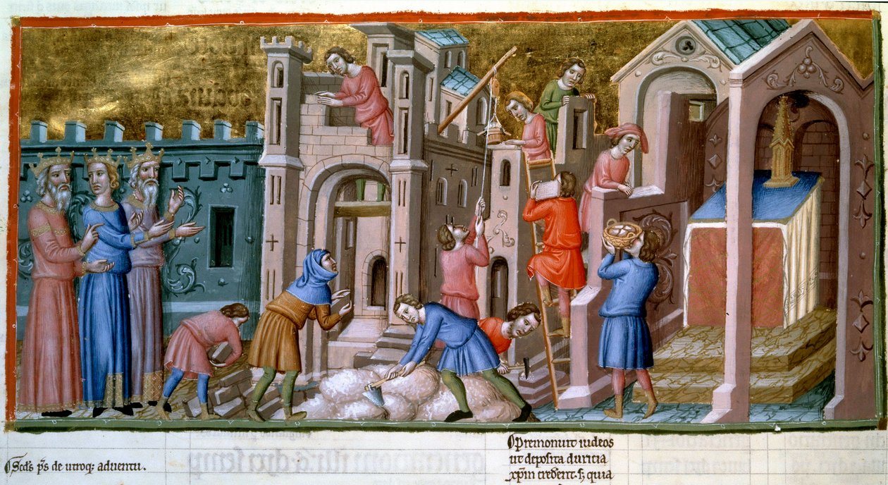 14. yüzyıldan kalma "Canterbury Mezmurları"ndan kalma bir Minyatür kasabasının şantiyesinde makonlar, taş kesiciler ve işçiler. B.N. Paris by Unknown artist