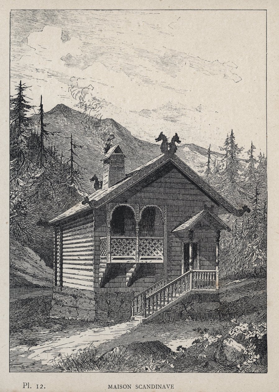 Maison İskandinav (İskandinav Evi) - Bay Charles GARNIER tarafından "1889 Evrensel Sergisinde insan yerleşiminin tarihi" bölümünde 1889 gravürü - Librairie centrale des beaux-arts Paris 1889 by Unknown artist