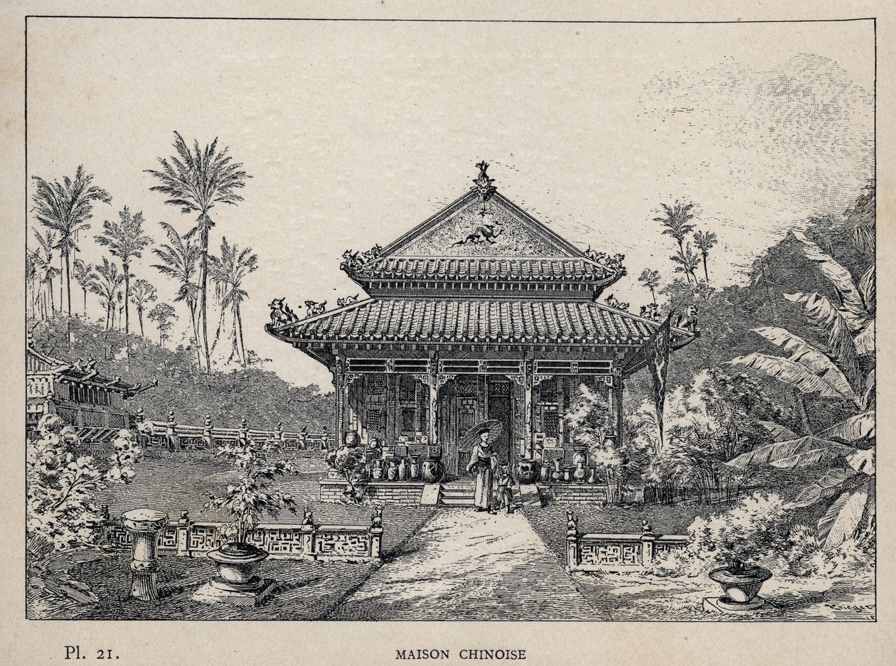 Çin evi - (Çin evi) - Bay Charles GARNIER tarafından "1889 Evrensel Sergisinde insan yerleşiminin tarihi" bölümünde 1889 gravürü - Librairie centrale des beaux-arts Paris 1889 by Unknown artist