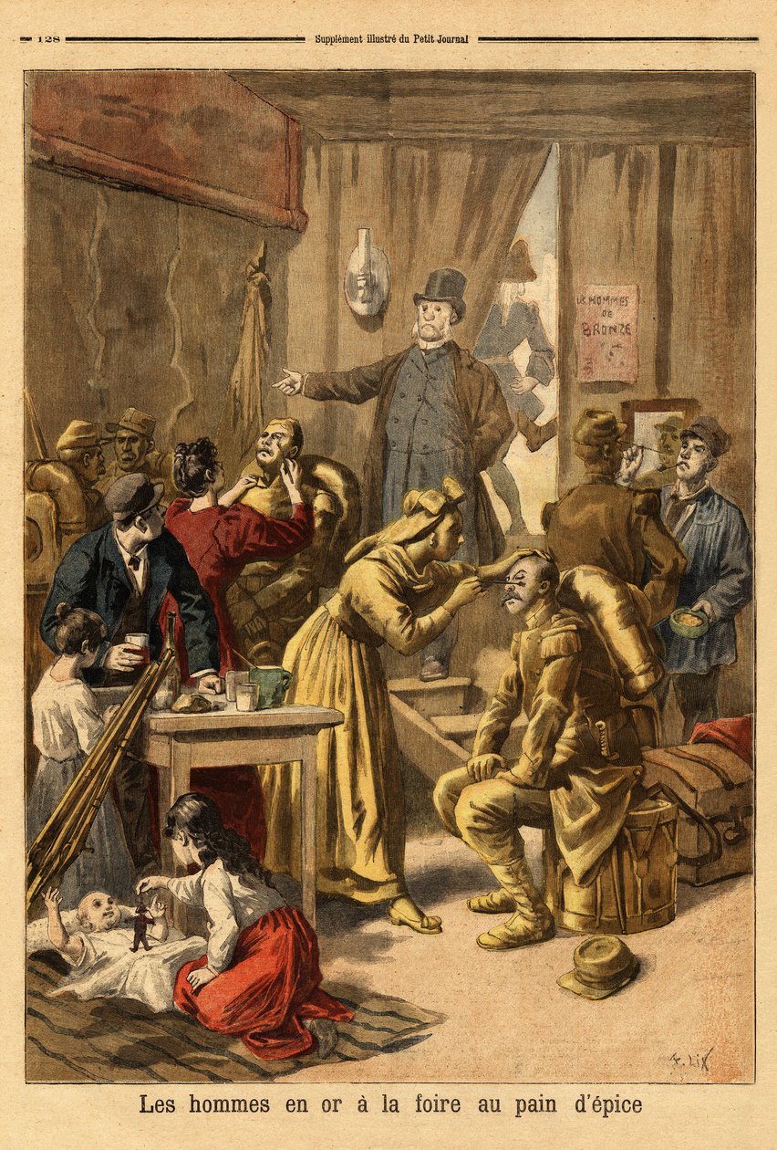 Zencefilli kurabiye fuarı için yaşayan “altınlı adamlar”” tablosunun oyuncularının makyajı. “Le petit Journal”da gravür” 16/04/1894. Selva