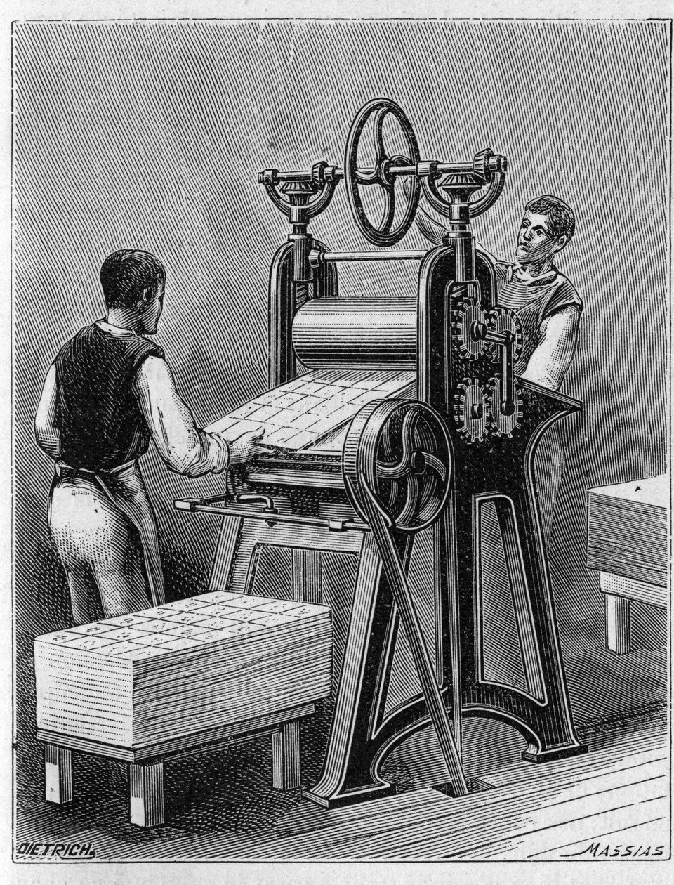 Eski yöntemlerle oynamak için kartlar yapmak. Iskambil silindiri. 1893 tarihli gravür. by Unknown artist
