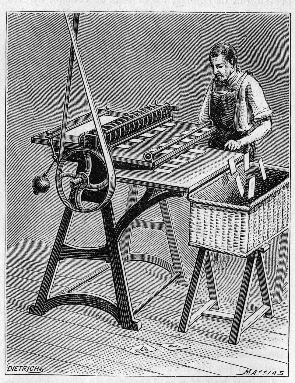 Eski yöntemlerle oynamak için kartlar yapmak. Oyun kartlarının dekupajı. 1893 tarihli gravür. by Unknown artist