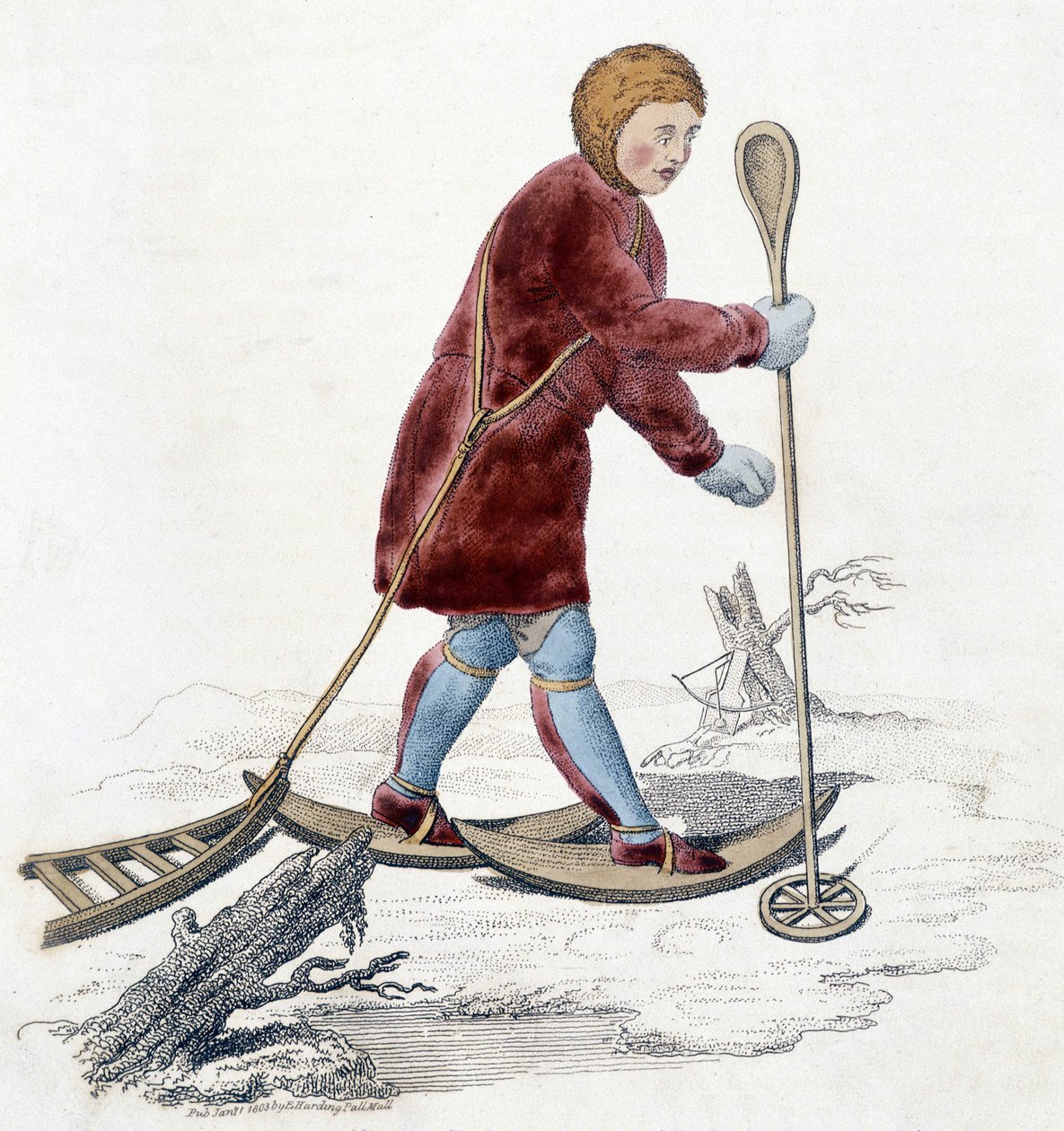 Ostiak kabilesinin (Khanty veya Khante) (orta Ob vadisinin ormanlık alanında kurulmuş Paleosibir avcı kabilesi) ermin avı yapan adam. 1803