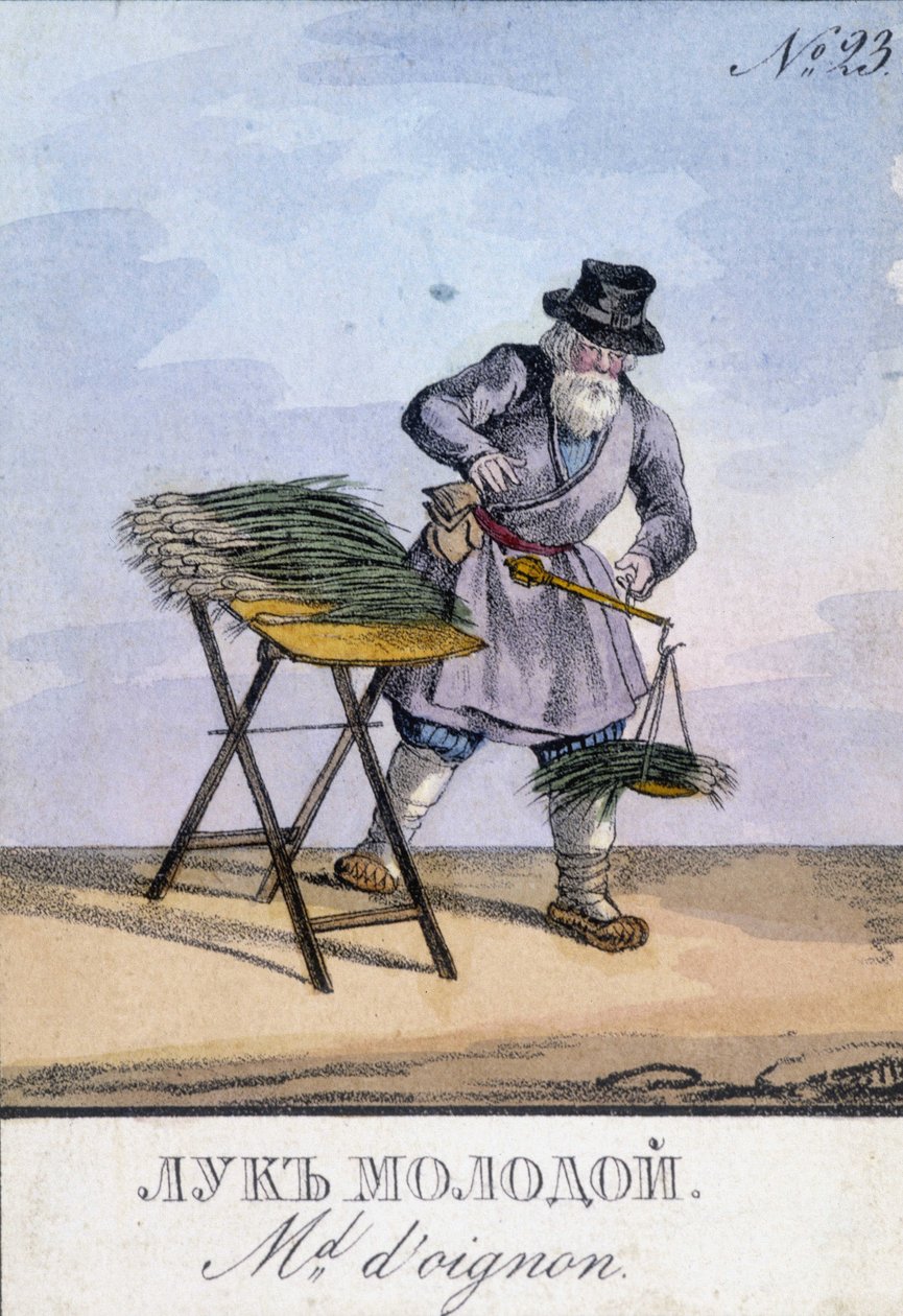 Kemerinde asılı bir ölçekte soğan tartan adam. 19. yüzyılın illüstrasyonu. 19. yüzyıl gravürü by Unknown artist
