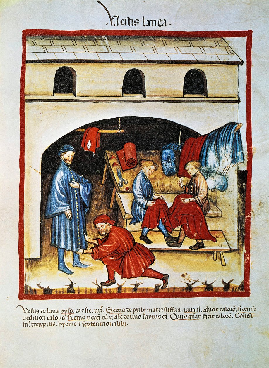 Yünlü giysilerin imalatı ve kullanımı: İki kişi giysi dikerken diğeri uzun bir palto deniyor. by Unknown artist