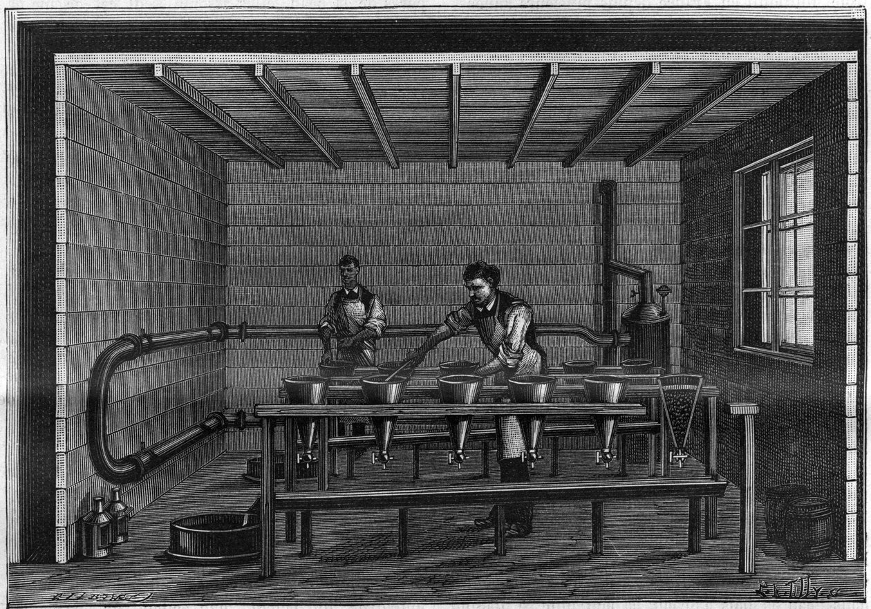 Vazelin imalatı. Siyah hayvan üzerinde bir filtreleme ünitesinin düzenlenmesi. 1885