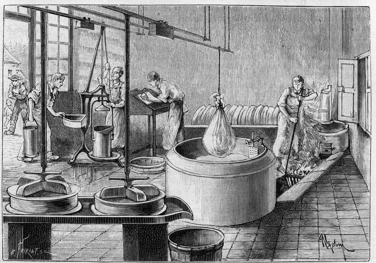 Gruyere imalatı: modern bir peynir fabrikası. 19 Eylül 1891 tarihli “Doğa: bilimlerin ve sanat ve endüstriye uygulamalarının gözden geçirilmesi” nde gravür. by Unknown artist