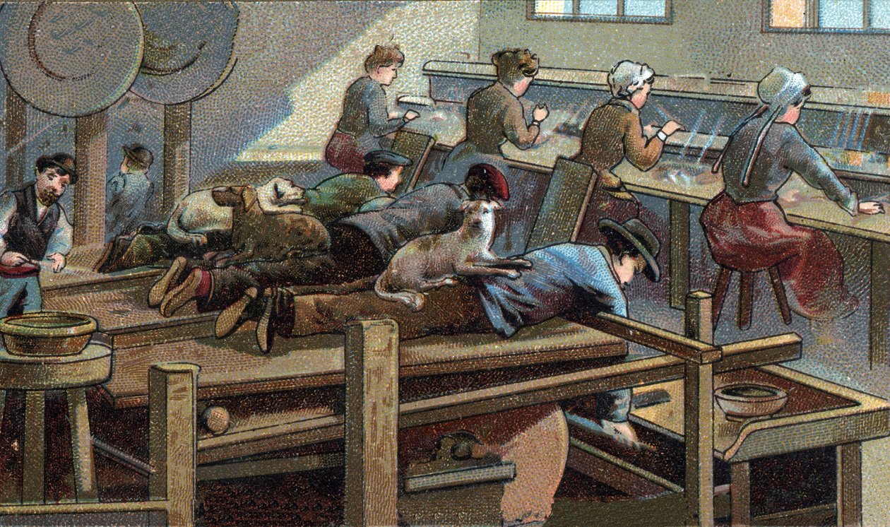 Bıçak imalatı, kalıp atölyesi. 19. yüzyılın sonunun kromolitografisi by Unknown artist