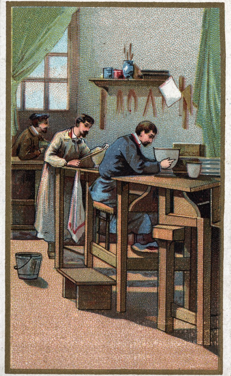 Porselen imalatı: tornalama. 19. yüzyılın sonunun kromolitografisi by Unknown artist