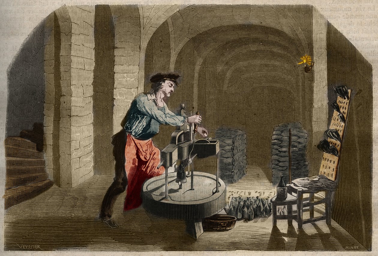 Köpüklü Şampanya şarabı imalatı: mahzende kullanılan şişeleme makinesi. “Le Musee Des Sciences” da 1858
