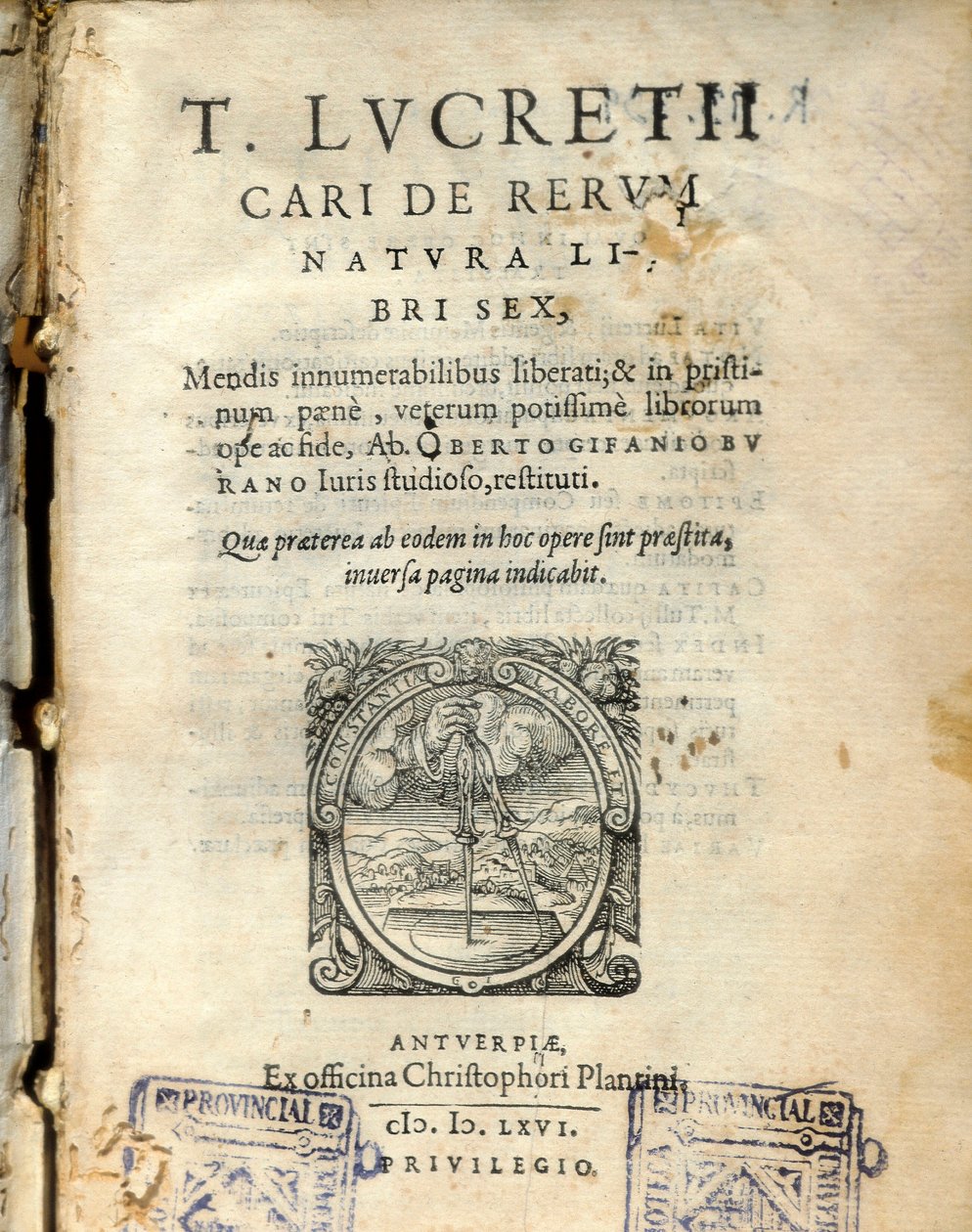 Latin filozof Lucrece (Titus Lucretius Carus) (MÖ 98-55) 1564'ün "De natura rerum" (Doğadan) kitabının 6. cildinin el yazması sayfası by Unknown artist
