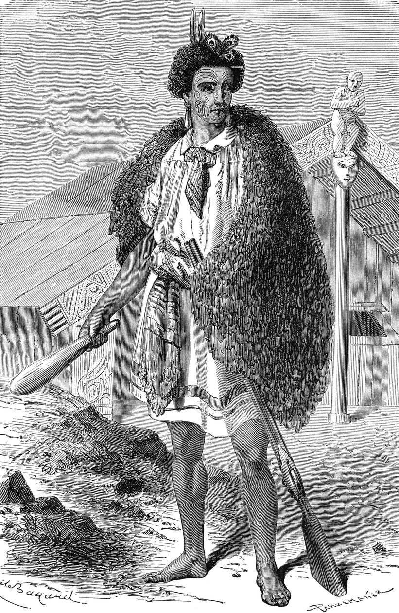AUCKLAND, Yeni Zelanda civarındaki Maori Şefi. Gravür 1885 by Unknown artist