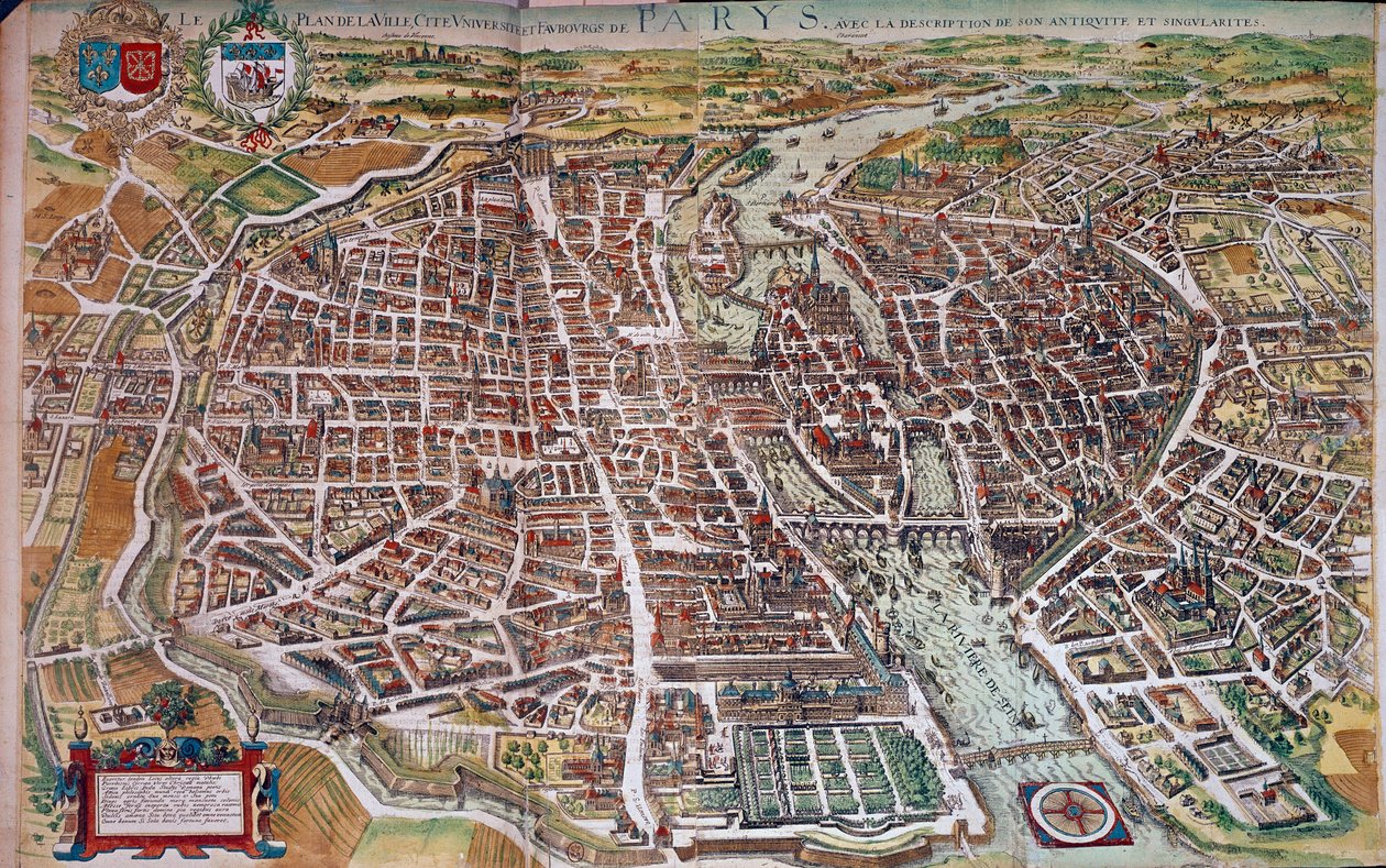 Adalar ve banliyöler manzaralı Paris haritası ve haritası. 17. yüzyıl. Paris, B.N. by Unknown artist