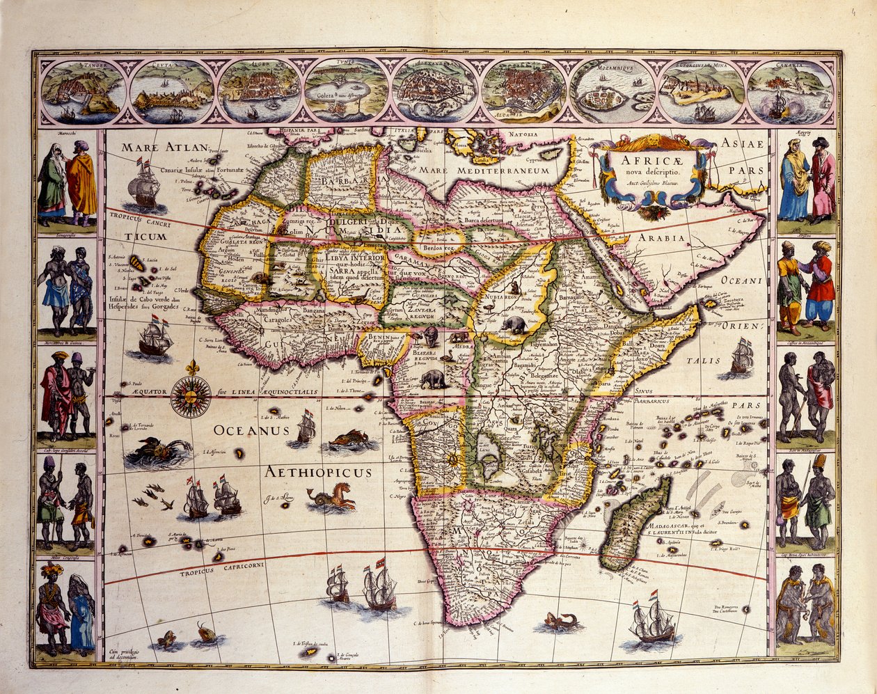 William Blaeu'nun Atlas'ından Afrika Haritası. En üstte Tangier, ceuta, Cezayir, Tunus, İskenderiye, Alcair, Mozambik, Saint Georges de la Mina, Kanarya Adaları şehirleri var. Afrika, Mascareignes Adaları, Mada dışında da çeşitli adalar temsil edil by Unknown artist