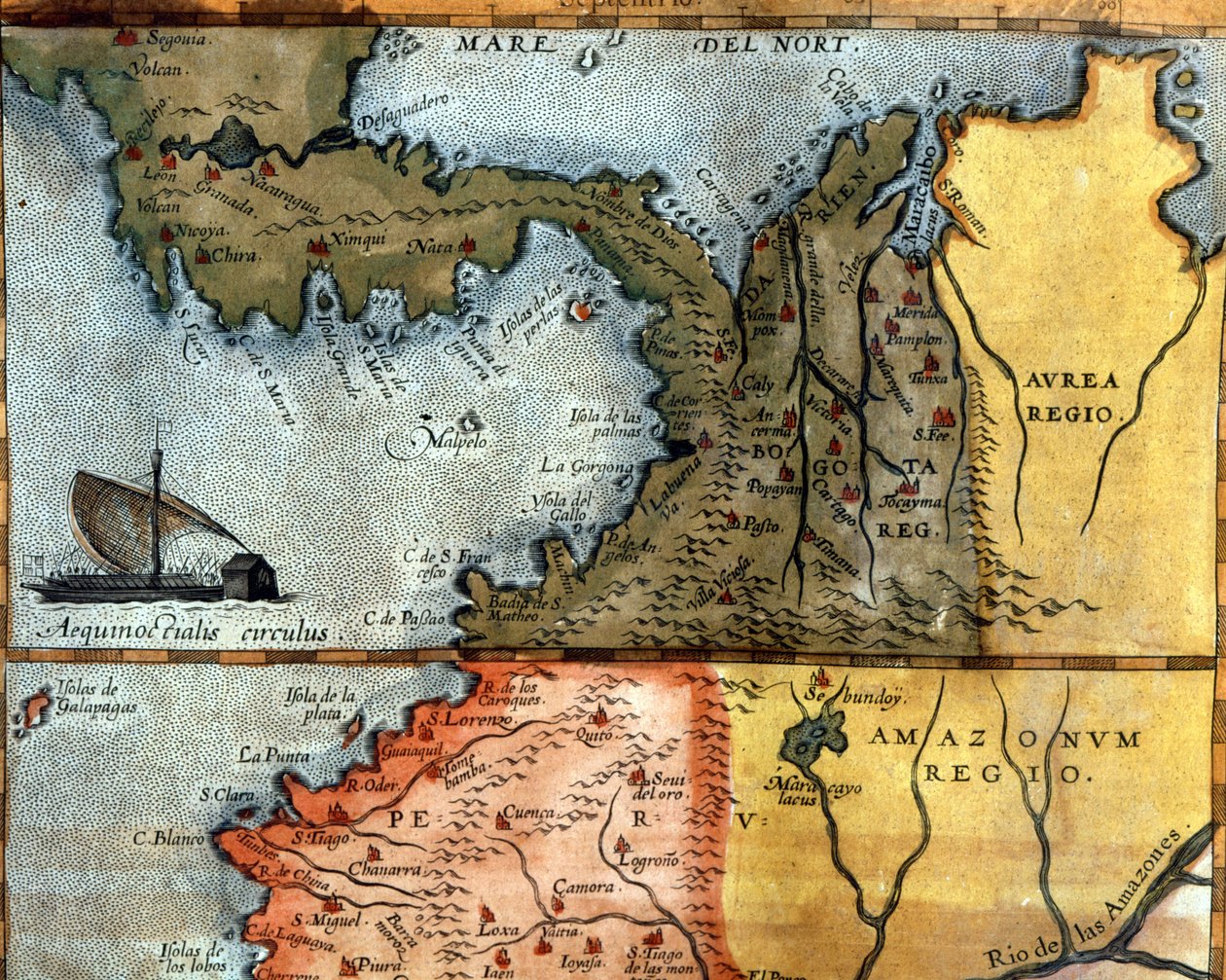 16. yüzyılda Orta Amerika haritası: yukarıda Peru, Amazon ve Bogota (Panama, Kolombiya ve Venezuela) bölgelerini gösteriyor. by Unknown artist