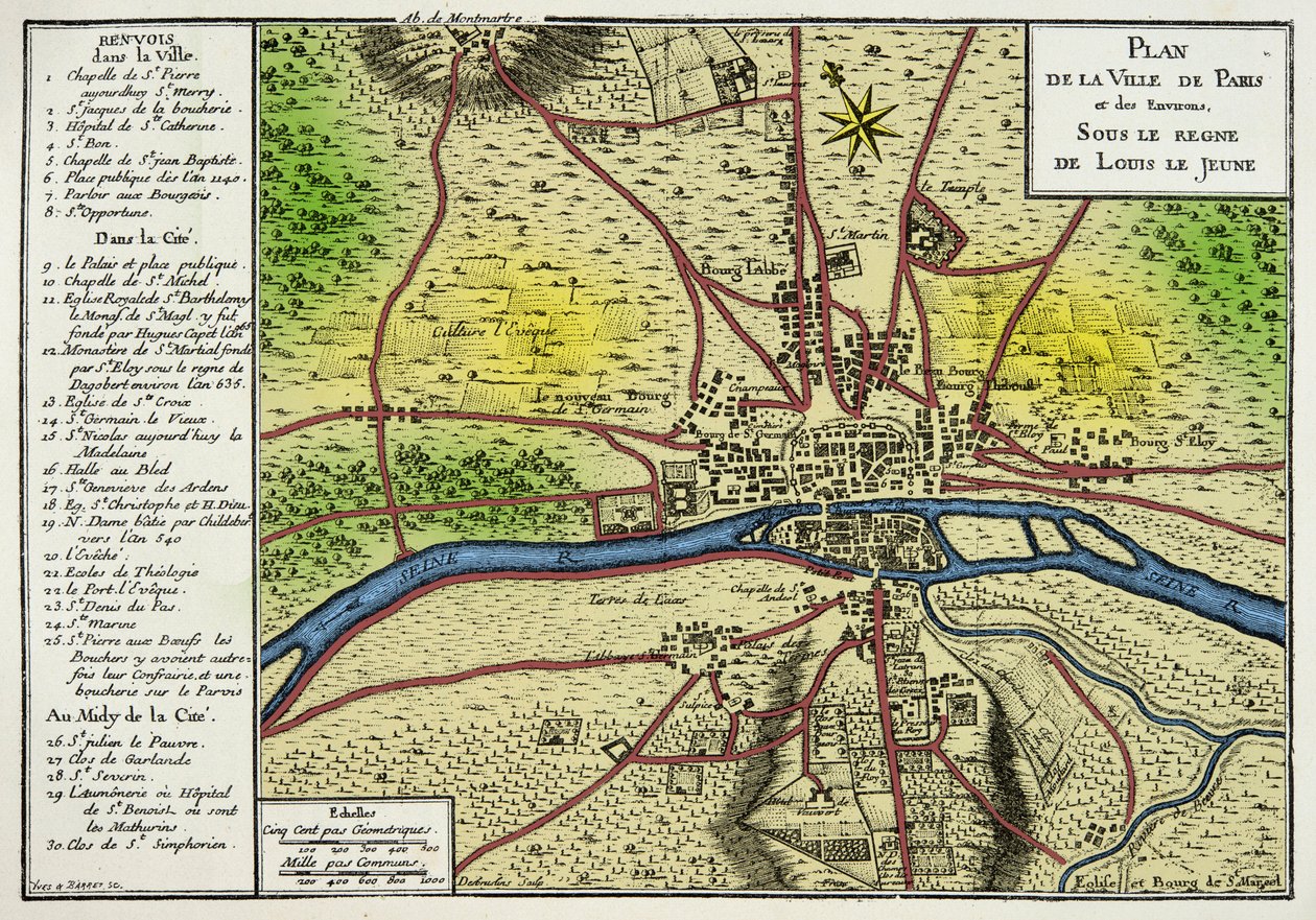 Louis Le Jeune (Louis VII 1120-1180) saltanatı altında Paris şehrinin Haritası Frank Kralı, 19. yüzyıl gravür by Unknown artist