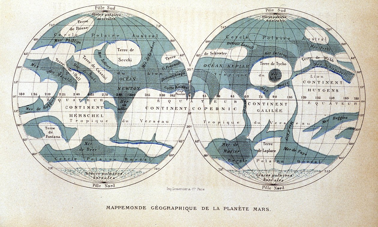 Mars Gezegeninin Haritası - Camille Flammarion tarafından “Popüler Astronomi”de, ed. Marpon ve Flammarion by Unknown artist