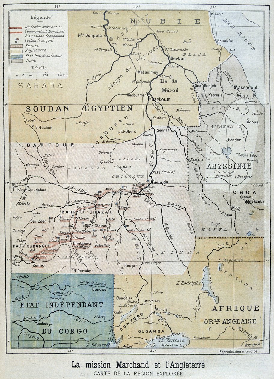 Mission Marchand tarafından keşfedilen bölgenin haritası - 09/10/1898 tarihli “Le Petite Journal”da by Unknown artist